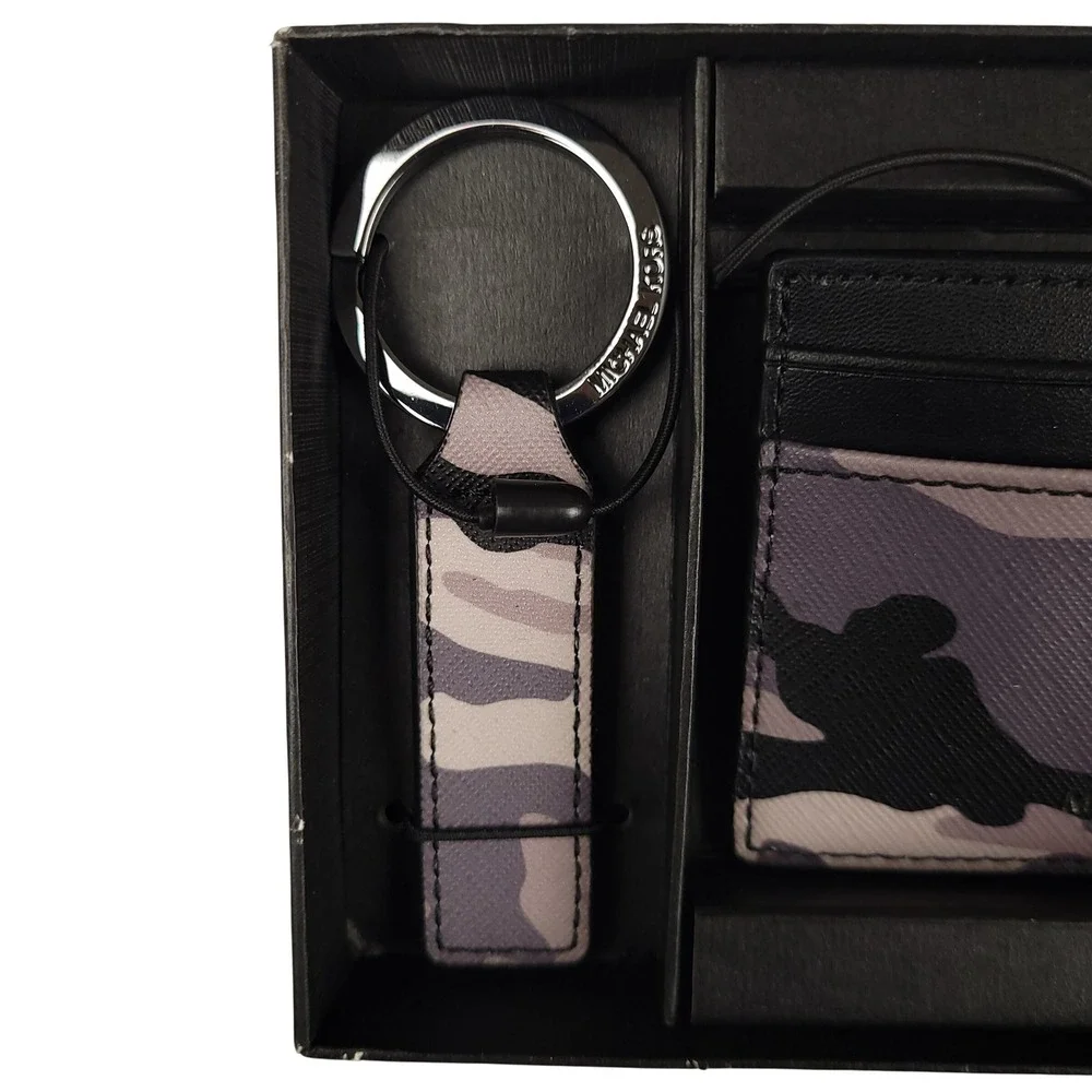 Michael Kors Camo Card Wallet Keychain Gift Set Gray Black New Boxed Fathers Day